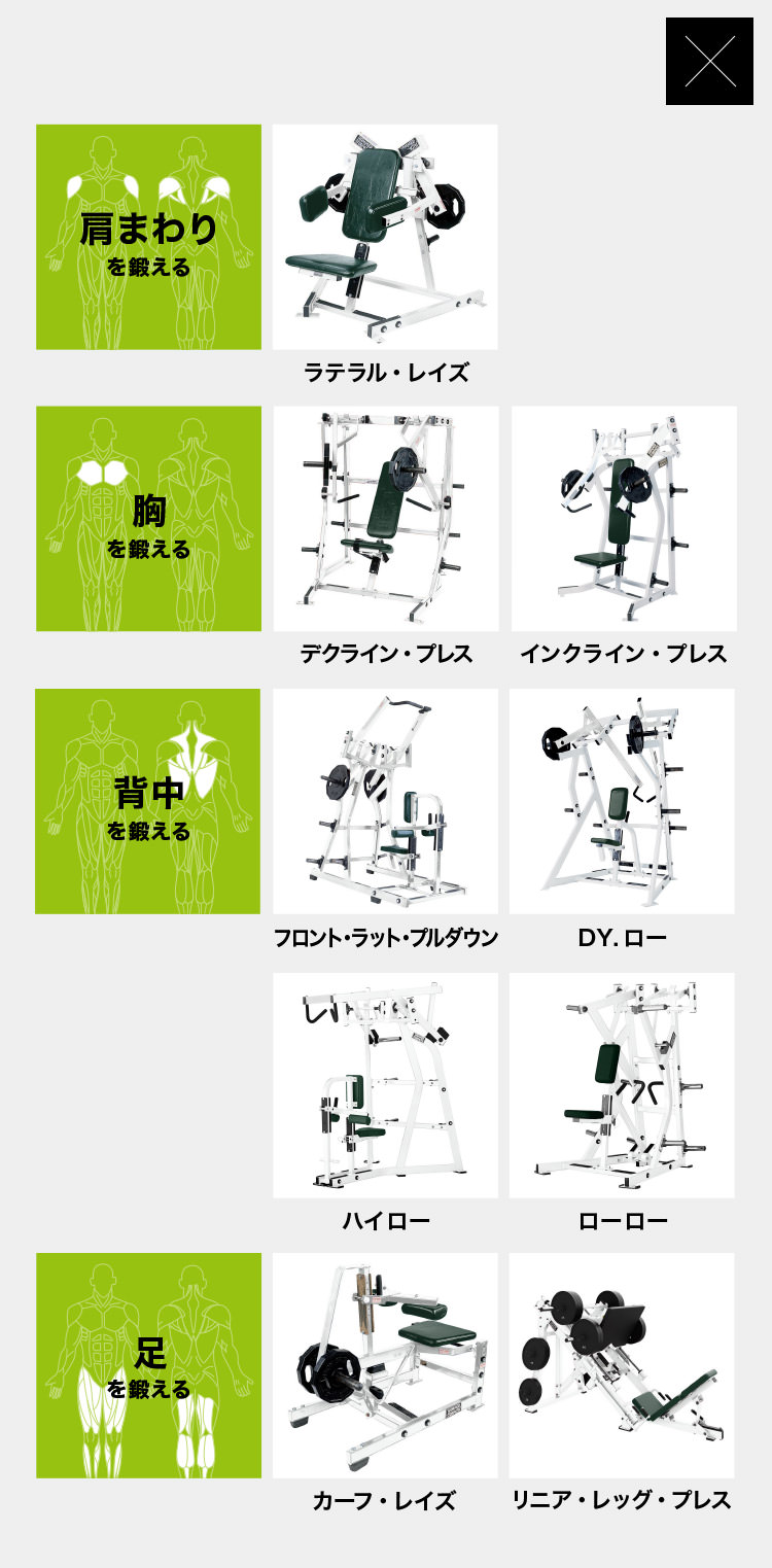 肩まわりを鍛える ラテラル・レイズ 胸を鍛える デクライン・プレス インクライン・プレス 背中を鍛える フロント・ラット・プルダウン DY.ロー ハイロー ローロー 足を鍛える カーフ・レイズ リニア・レッグ・プレス
