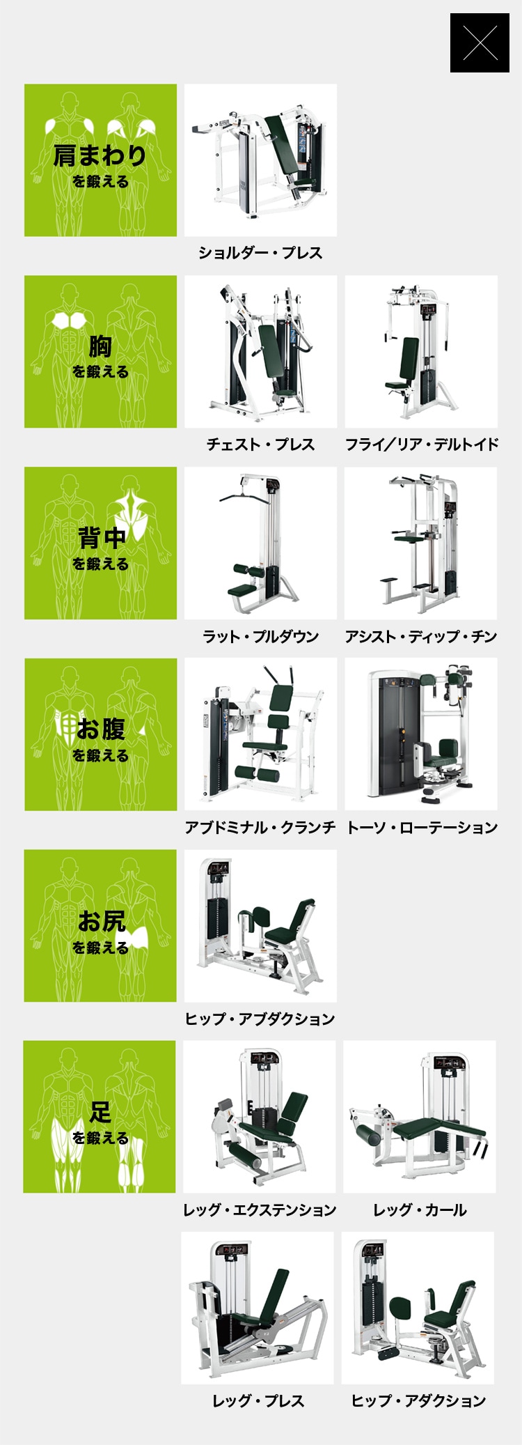 肩まわりを鍛える ショルダー・プレス 胸を鍛える チェスト・プレス フライ／リア・デルトイド 背中を鍛える ラット・プルダウン アシスト・ディップ・チン お腹を鍛える アブドミナル・クランチ トーソ・ローテーション お尻を鍛える ヒップ・アブダクション 足を鍛える レッグ・エクステンション レッグ・カール レッグ・プレス ヒップ・アダクション