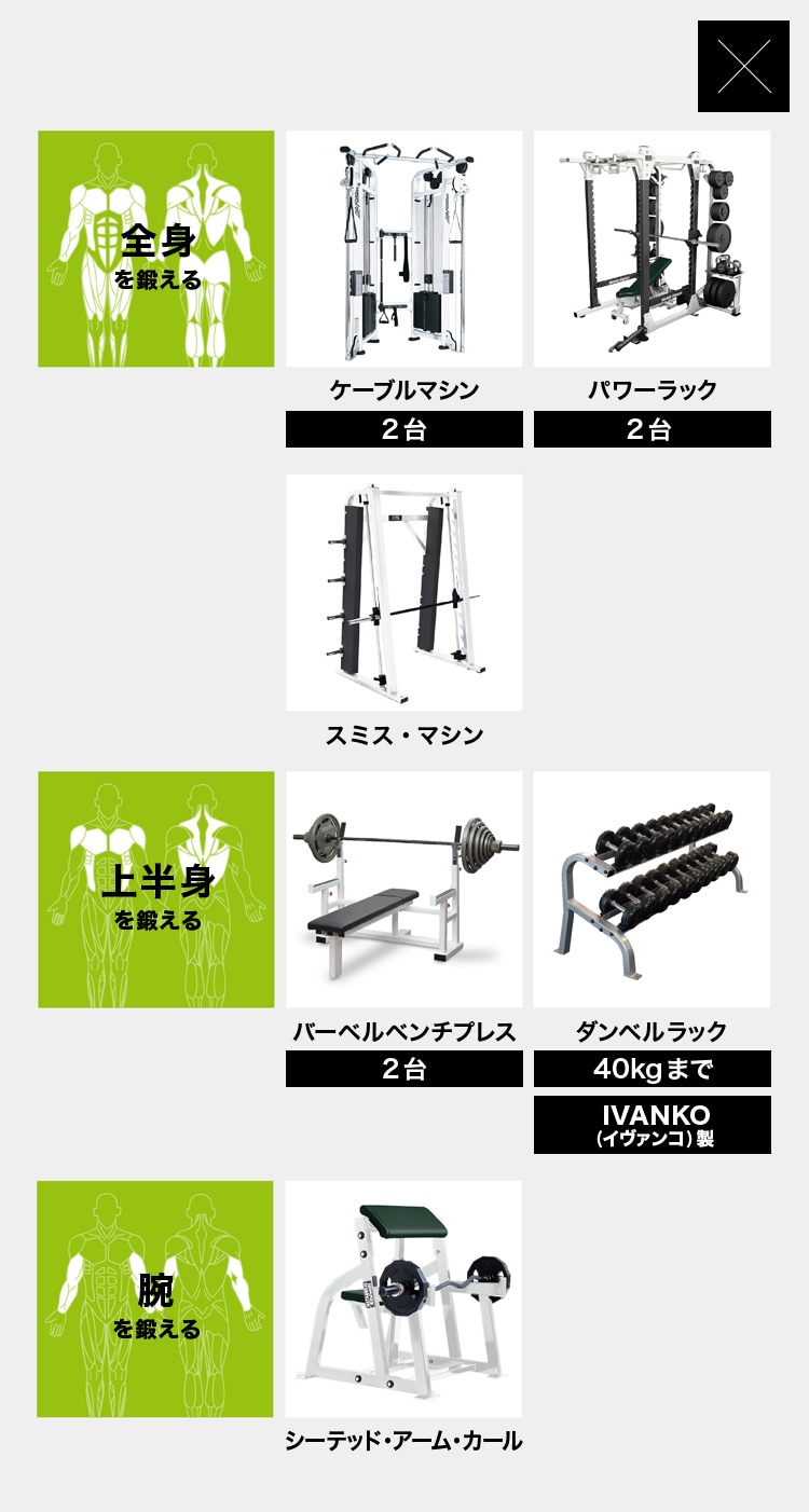 全身を鍛える ケーブルマシン（2台） パワーラック（2台） スミス・マシン 上半身を鍛える バーベルベンチプレス（2台） ダンベルラック（40kgまで）IVANKO(イヴァンコ)製 腕を鍛える シーテッド・アーム・カール